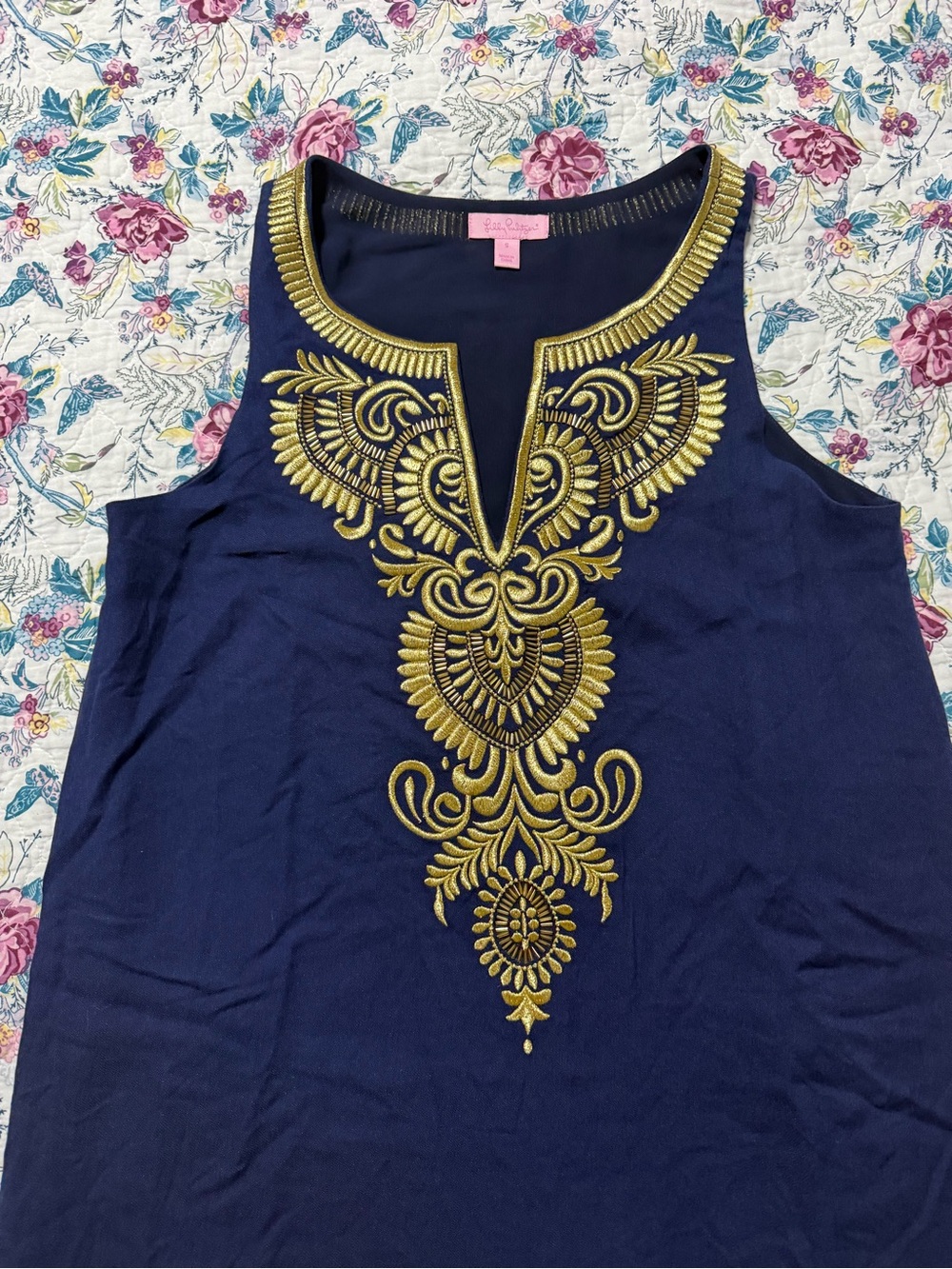 Lilly Pulitzer Navy Summer Dress with Gold Embroidered V-Detail